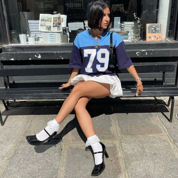 MQTIME  -  Women's Summer Y2K Vintage Loose Basic T-Shirt Casual Aesthetic Grunge Number Print V-Neck Short Sleeve Sporty Tops